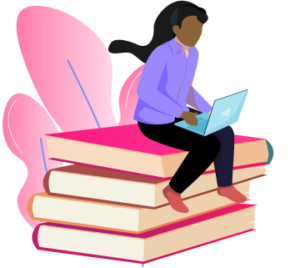 Représentation d'une femme assise sur une pile de livres géants. Elle utilise un ordinateur portable posé sur ses genoux.